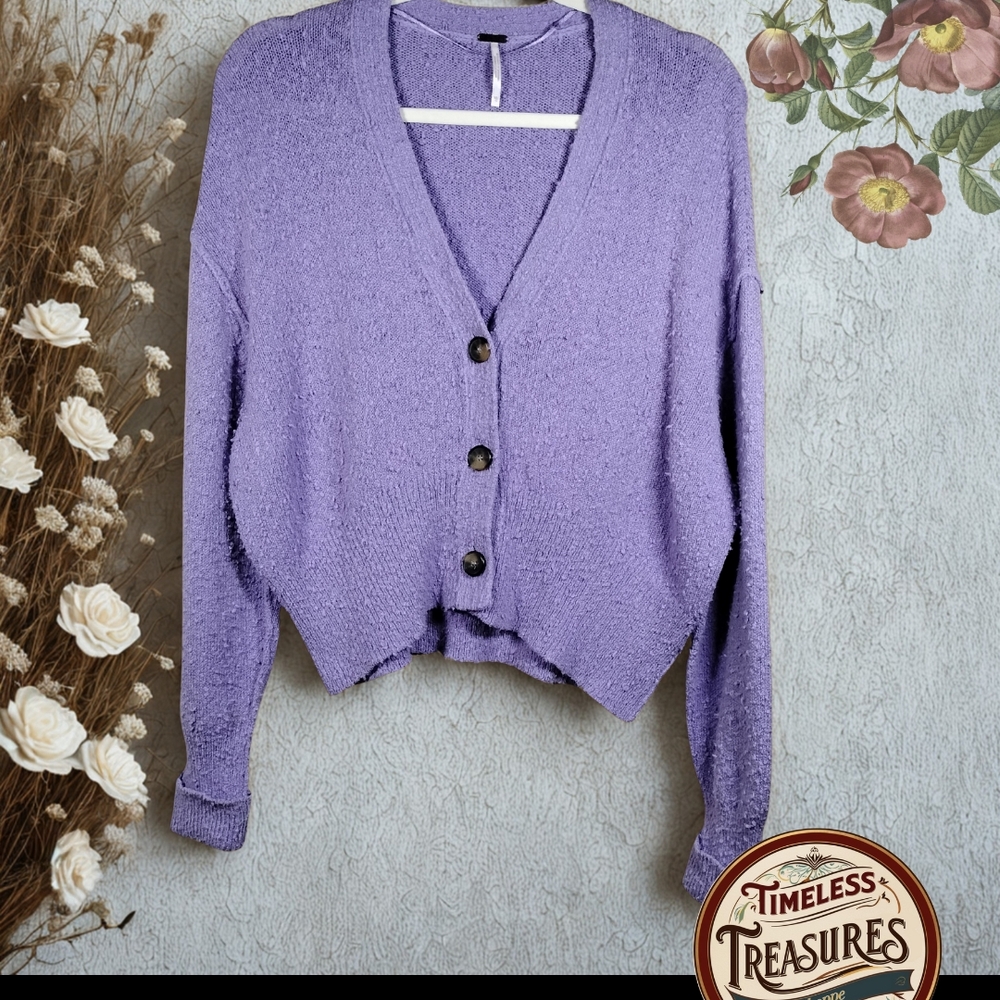 Free People Purple V-Neck Cropped Cardigan